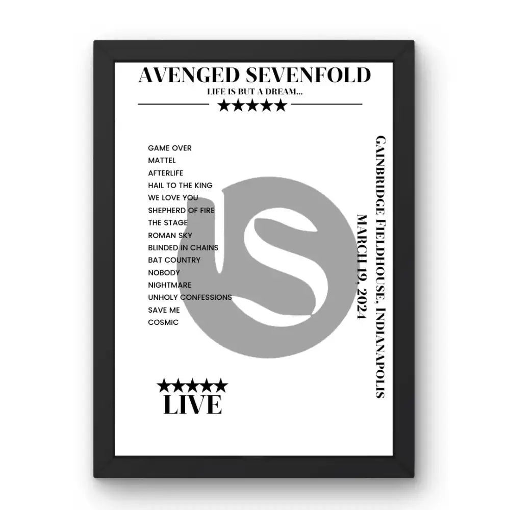 Avenged Sevenfold March 19, 2024 Gainbridge Fieldhouse Indianapolis Setlist Poster - Setlist