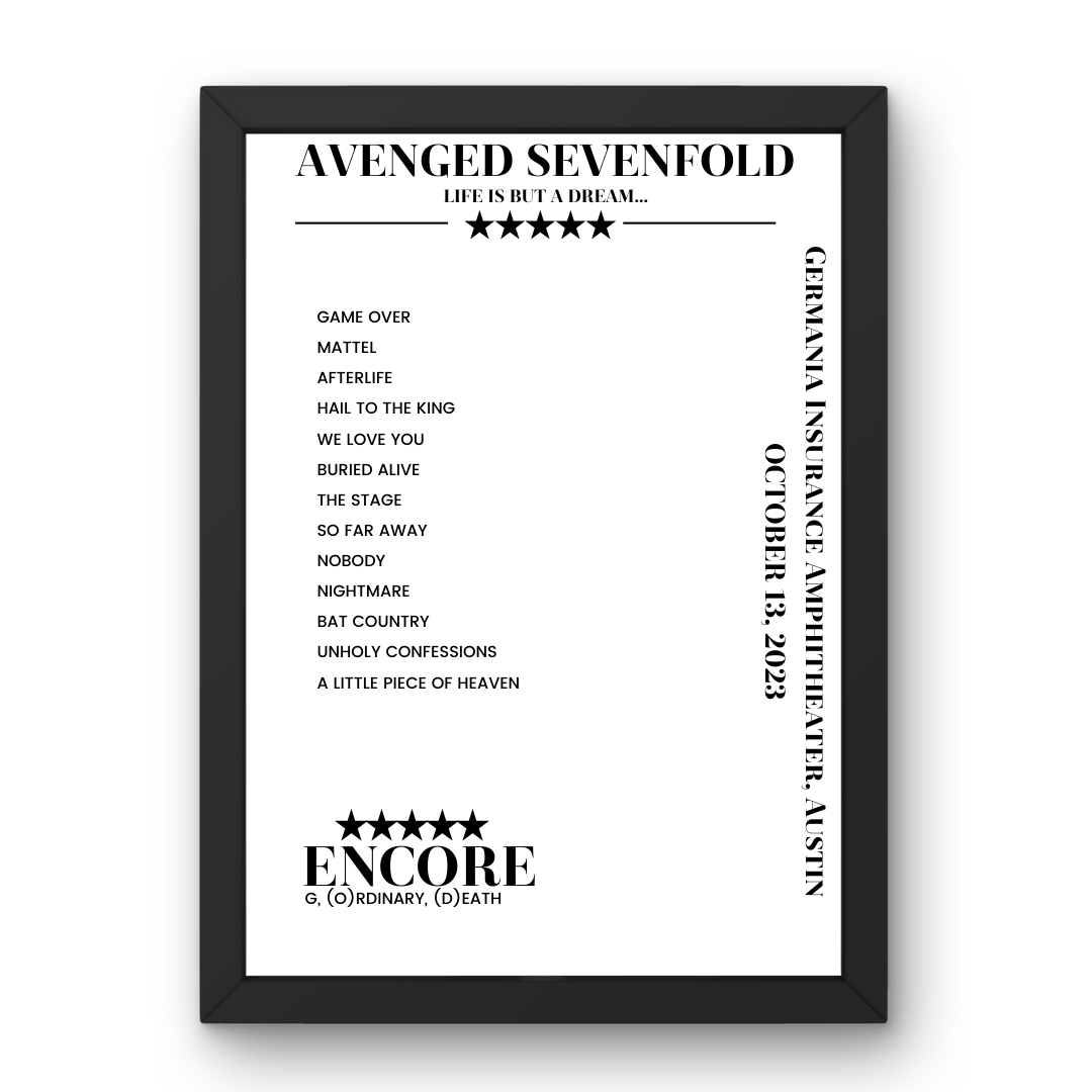 Avenged Sevenfold October 13, 2023 Germania Insurance Amphitheater Austin Setlist Poster - Setlist