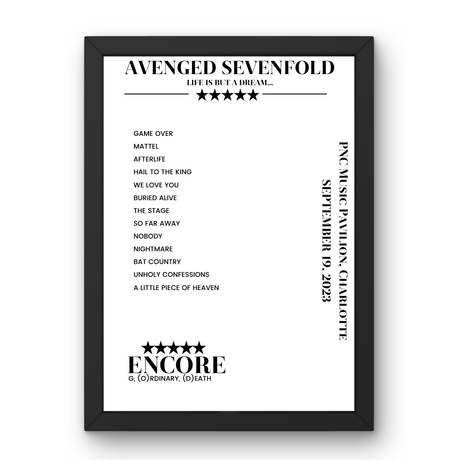 Avenged Sevenfold September 19, 2023 PNC Music Pavilion Charlotte Setlist Poster - Setlist