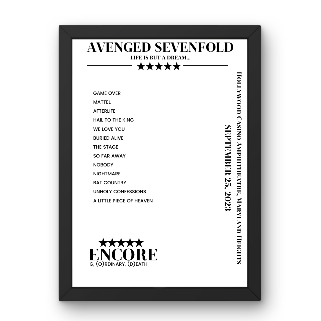 Avenged Sevenfold September 25, 2023 Hollywood Casino Amphitheatre Maryland Heights Setlist Poster - Setlist