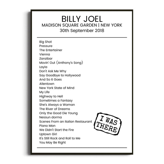 Billy Joel New York 30 September 2018 Setlist Poster