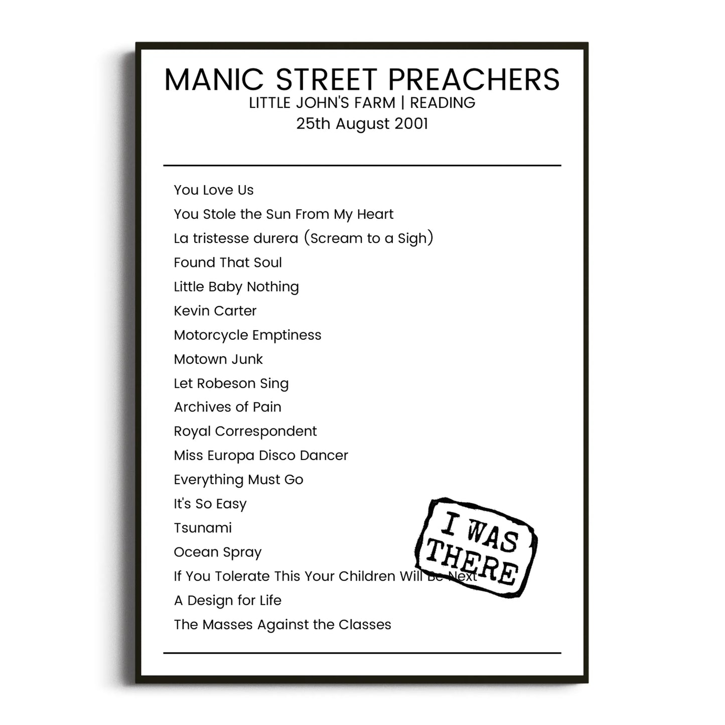 Manic Street Preachers Reading 25 August 2001 Setlist Poster