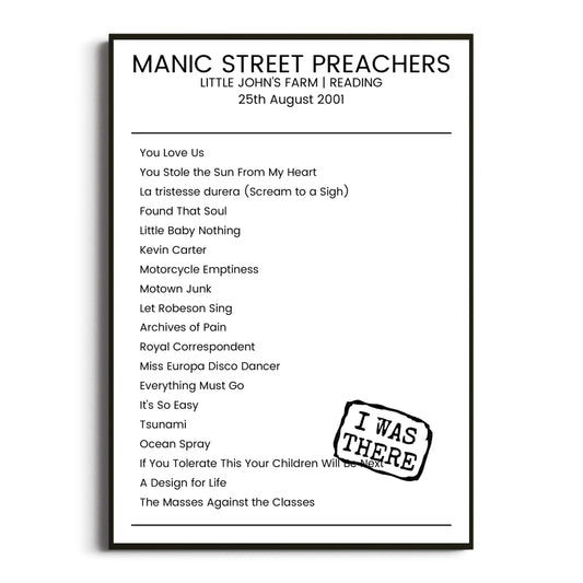 Manic Street Preachers Reading 25 August 2001 Setlist Poster