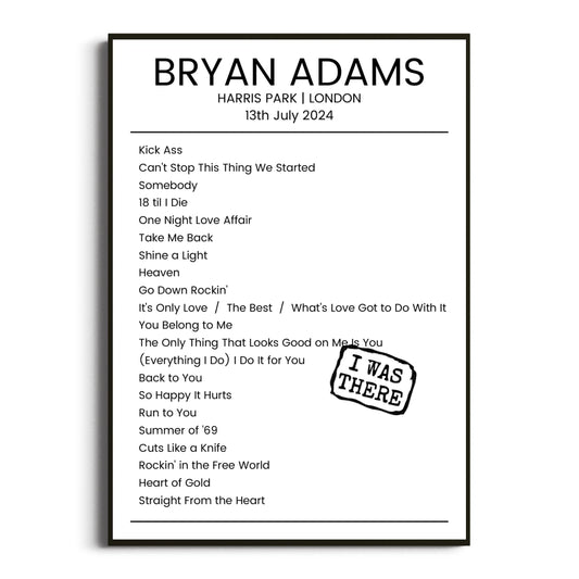 Bryan Adams London 13 July 2024 Setlist Poster