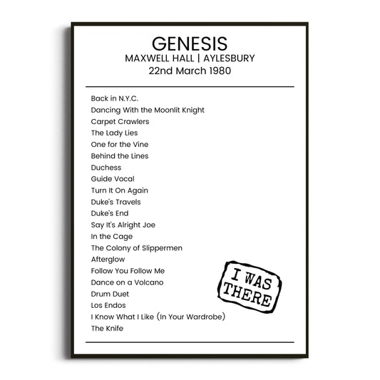 Genesis Aylesbury 22 March 1980 Setlist Poster