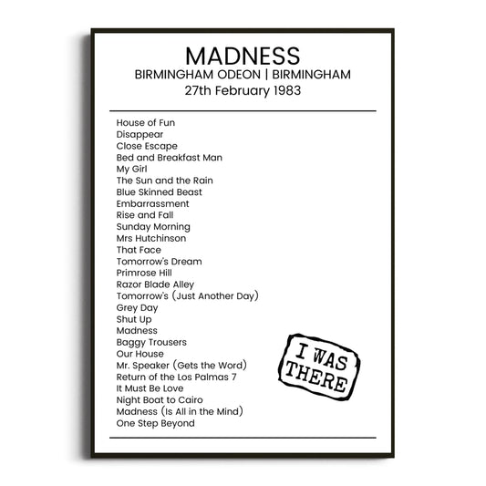 Madness Birmingham 27 February 1983 Setlist Poster