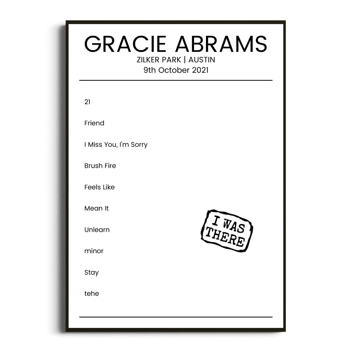 Gracie Abrams Austin 09 October 2021 Setlist Poster