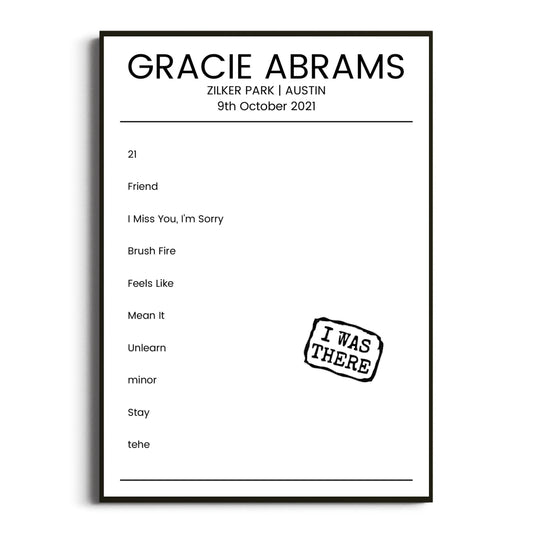 Gracie Abrams Austin 09 October 2021 Setlist Poster