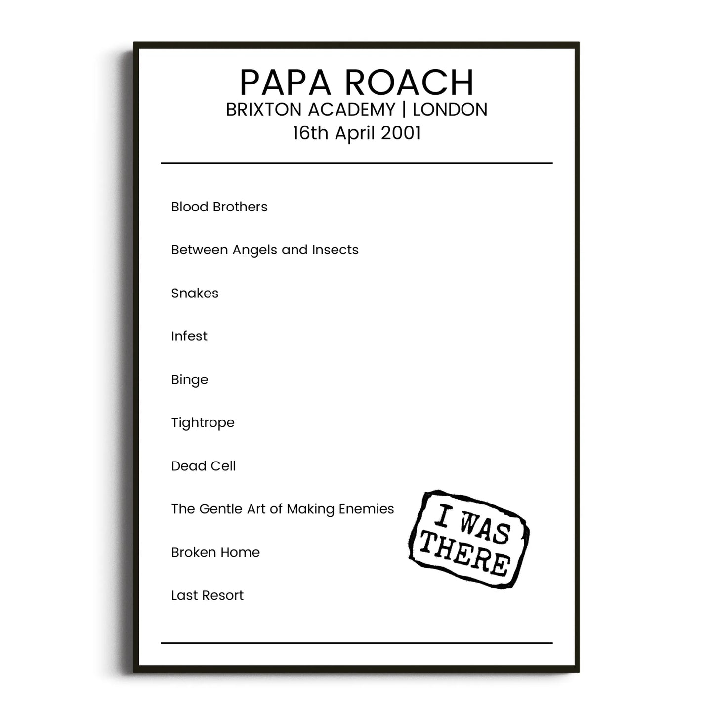 Papa Roach London 16 April 2001 Setlist Poster