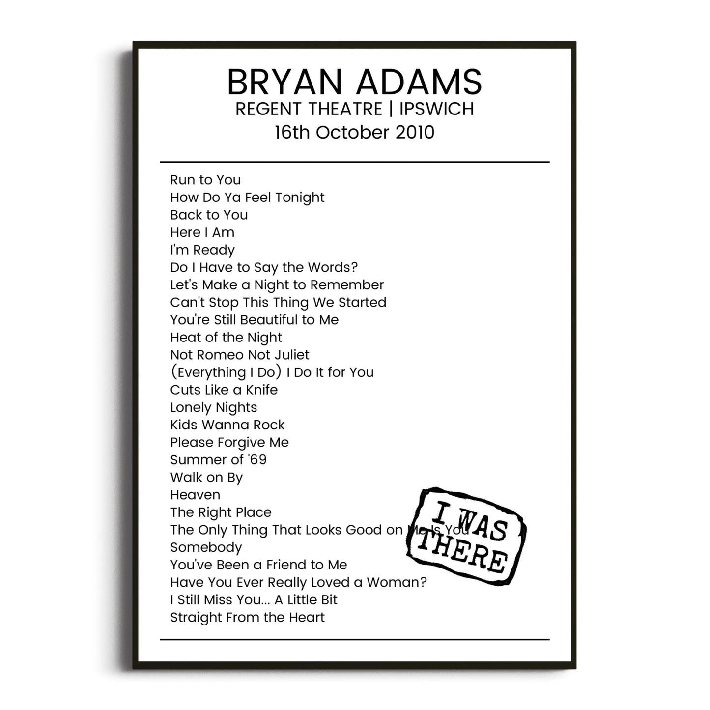 Bryan Adams Ipswich 16 October 2010 Setlist Poster