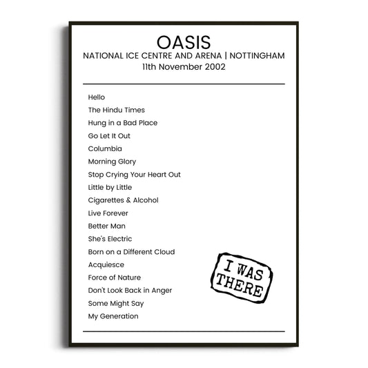 Oasis Nottingham 11 November 2002 Setlist Poster