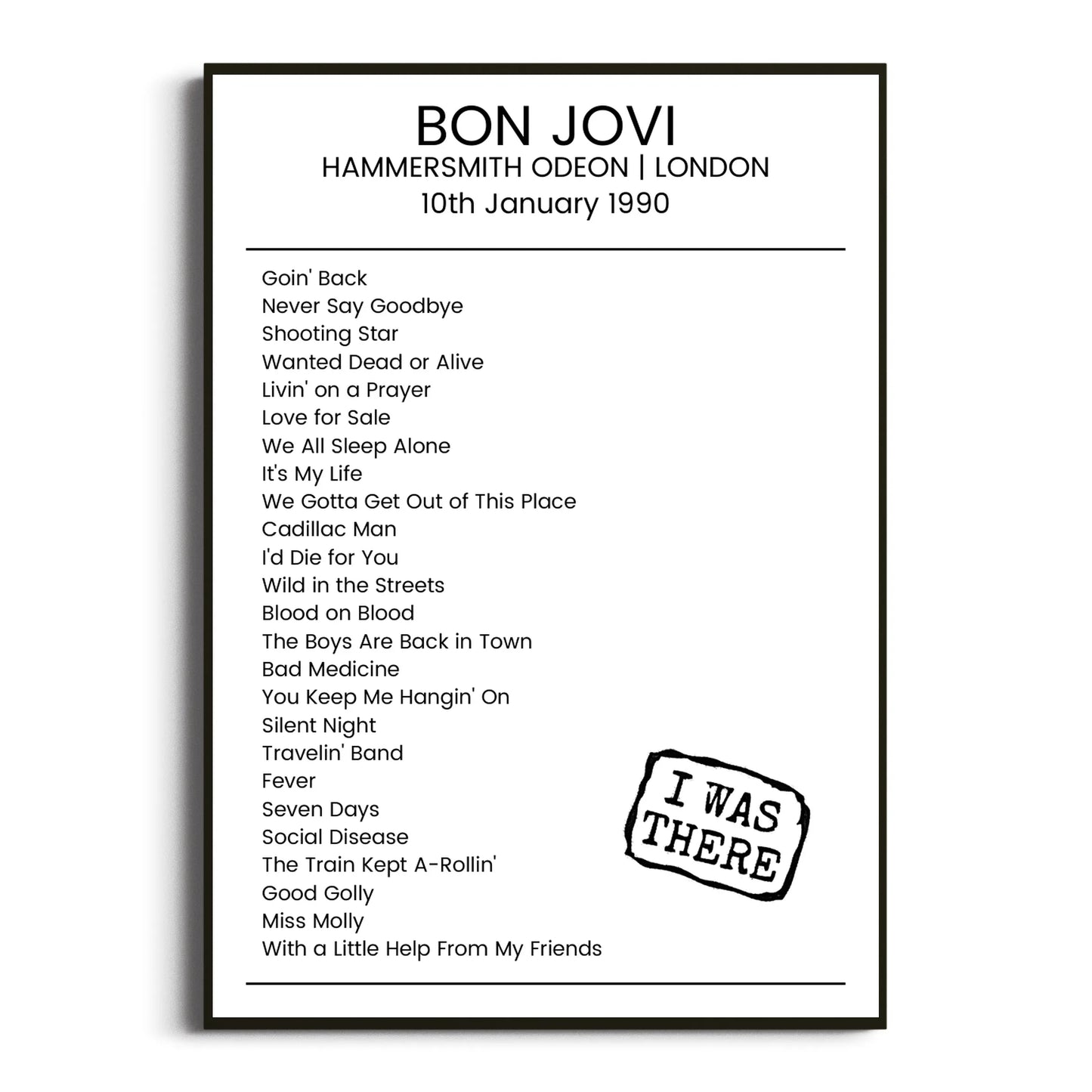 Bon Jovi London 10 January 1990 Setlist Poster