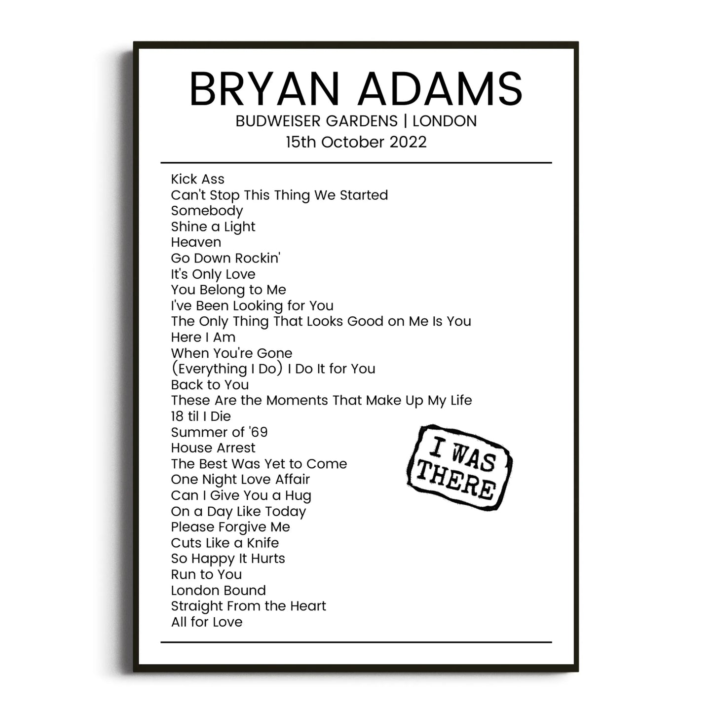 Bryan Adams London 15 October 2022 Setlist Poster