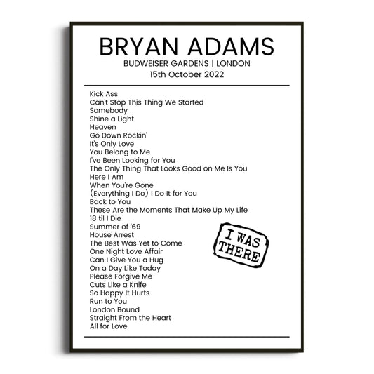 Bryan Adams London 15 October 2022 Setlist Poster