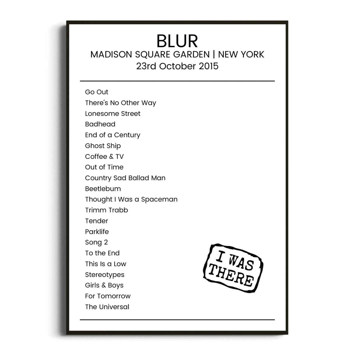 Blur New York 23 October 2015 Setlist Poster