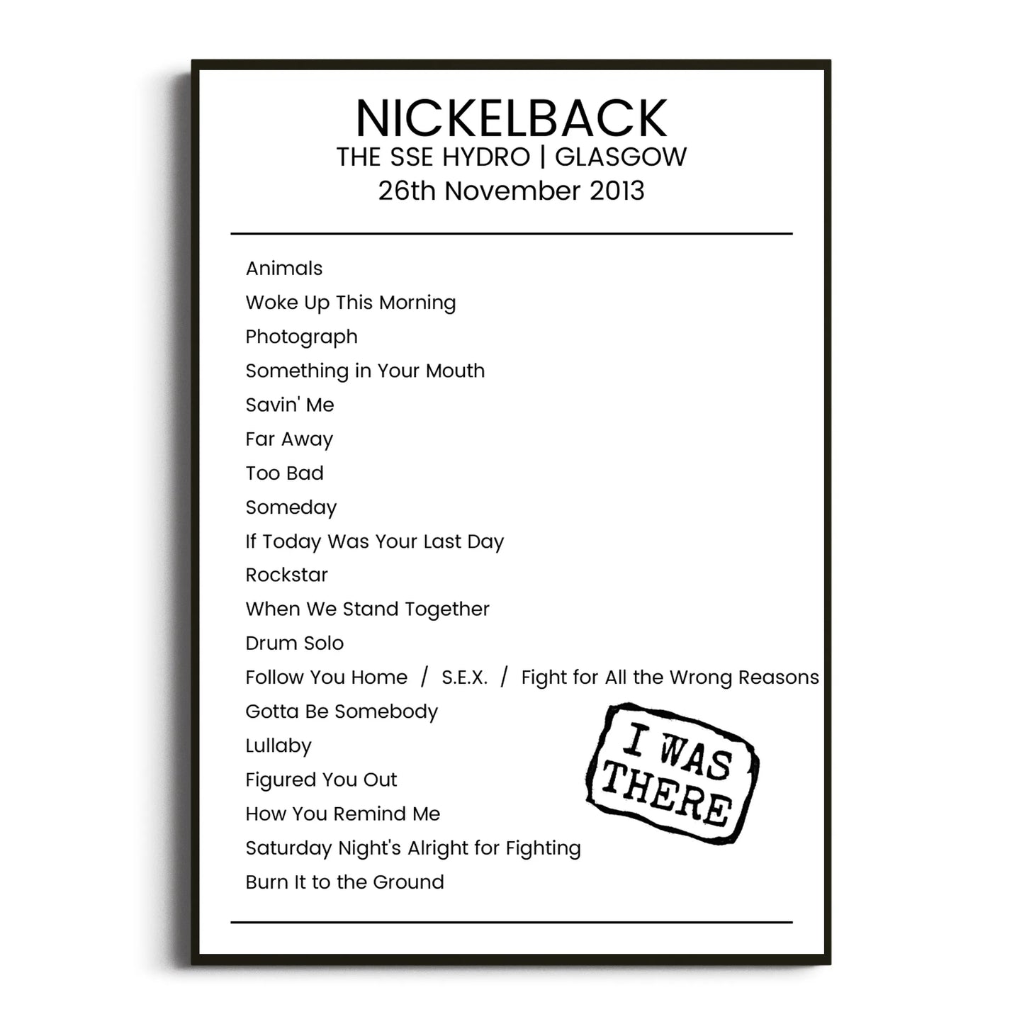 Nickelback Glasgow 26 November 2013 Setlist Poster