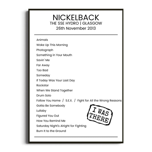 Nickelback Glasgow 26 November 2013 Setlist Poster