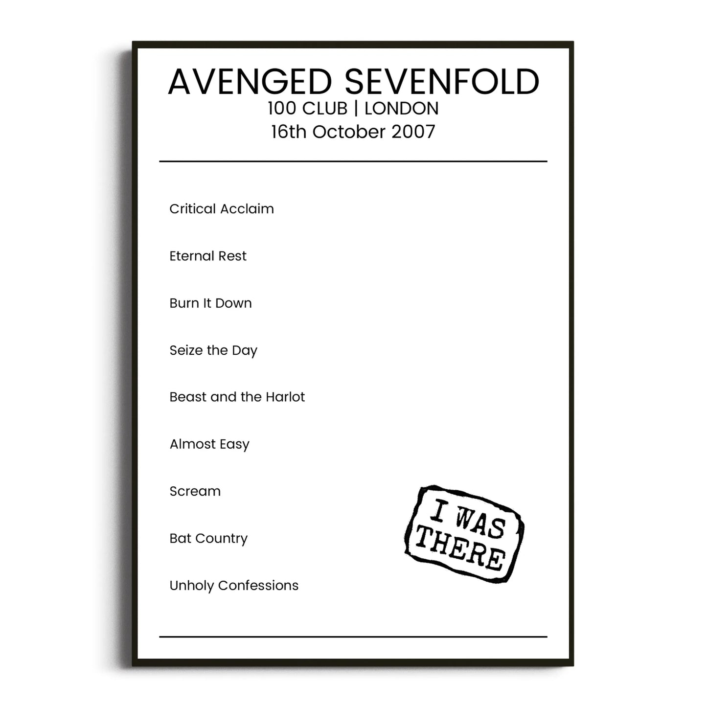 Avenged Sevenfold London 16 October 2007 Setlist Poster