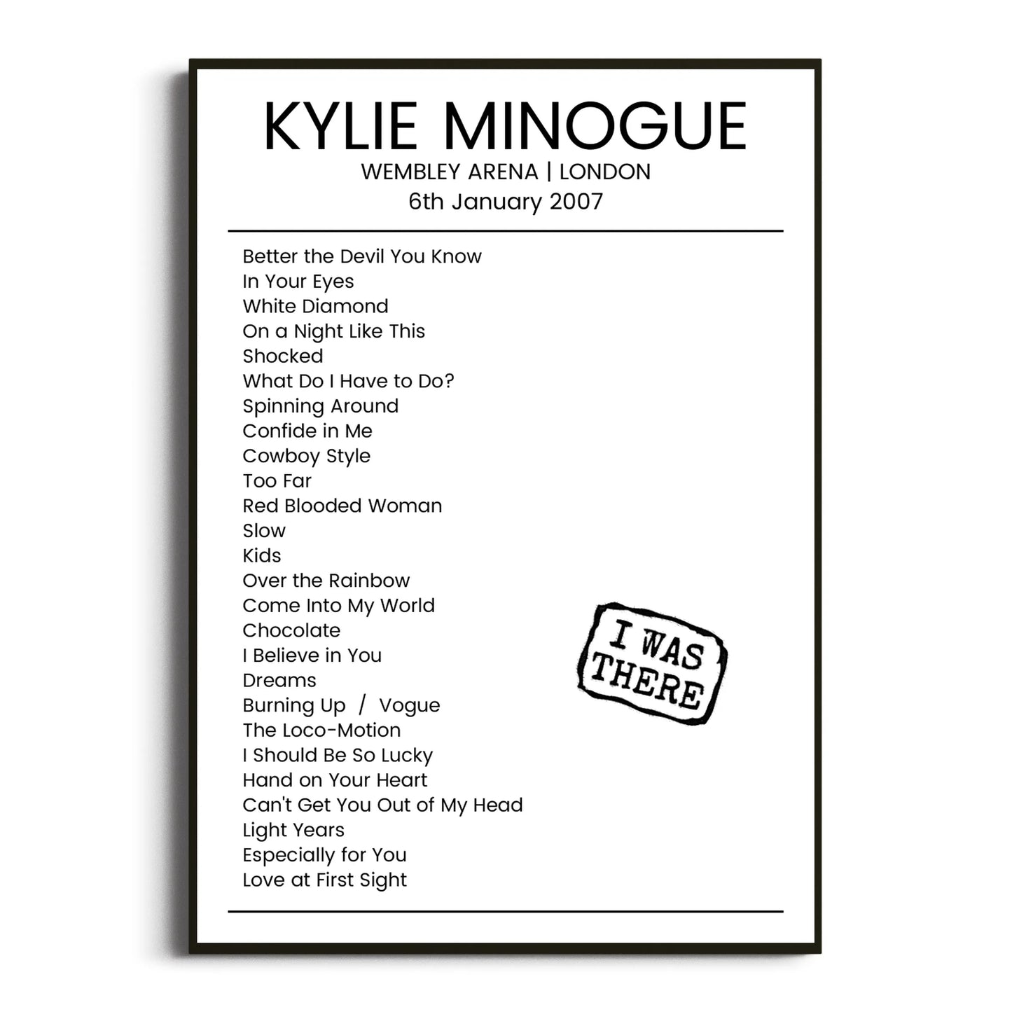 Kylie Minogue London 06 January 2007 Setlist Poster