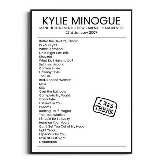 Kylie Minogue Manchester 23 January 2007 Setlist Poster