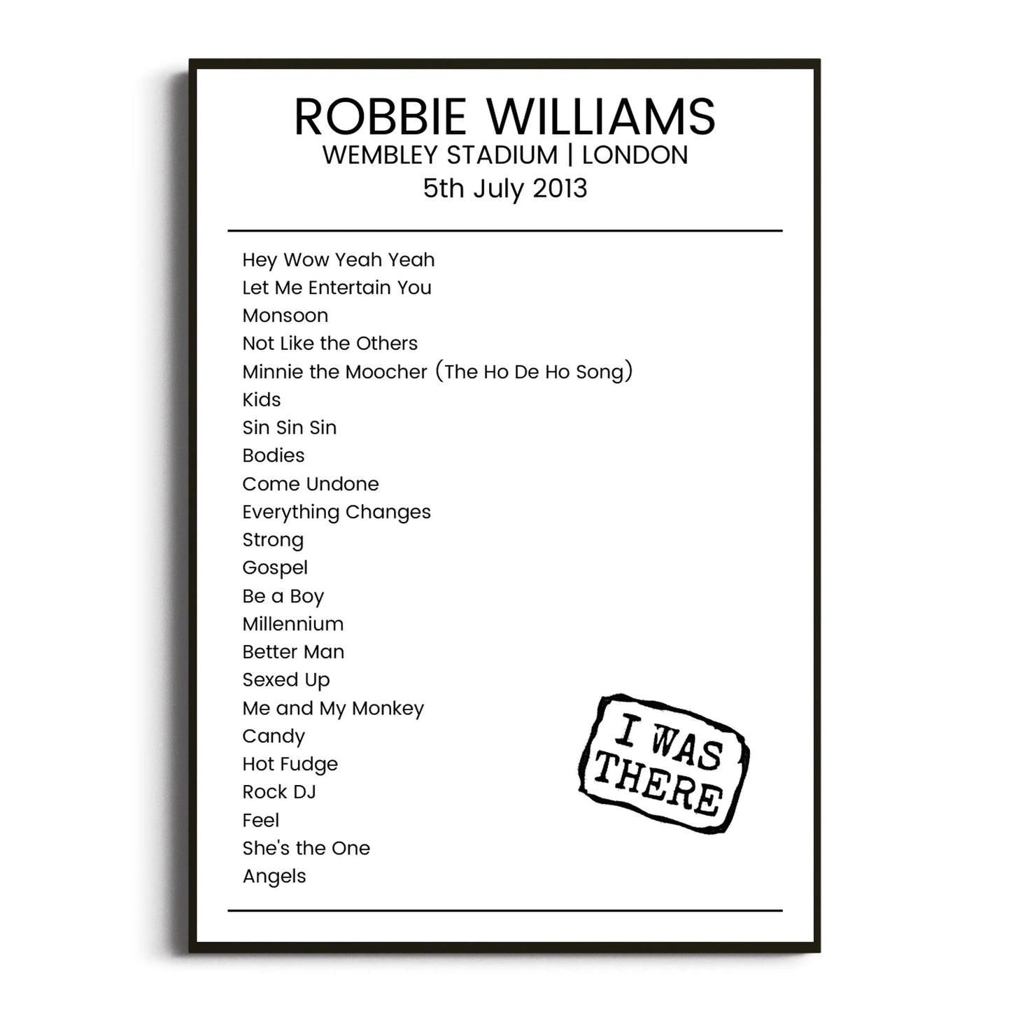 Robbie Williams London 05 July 2013 Setlist Poster