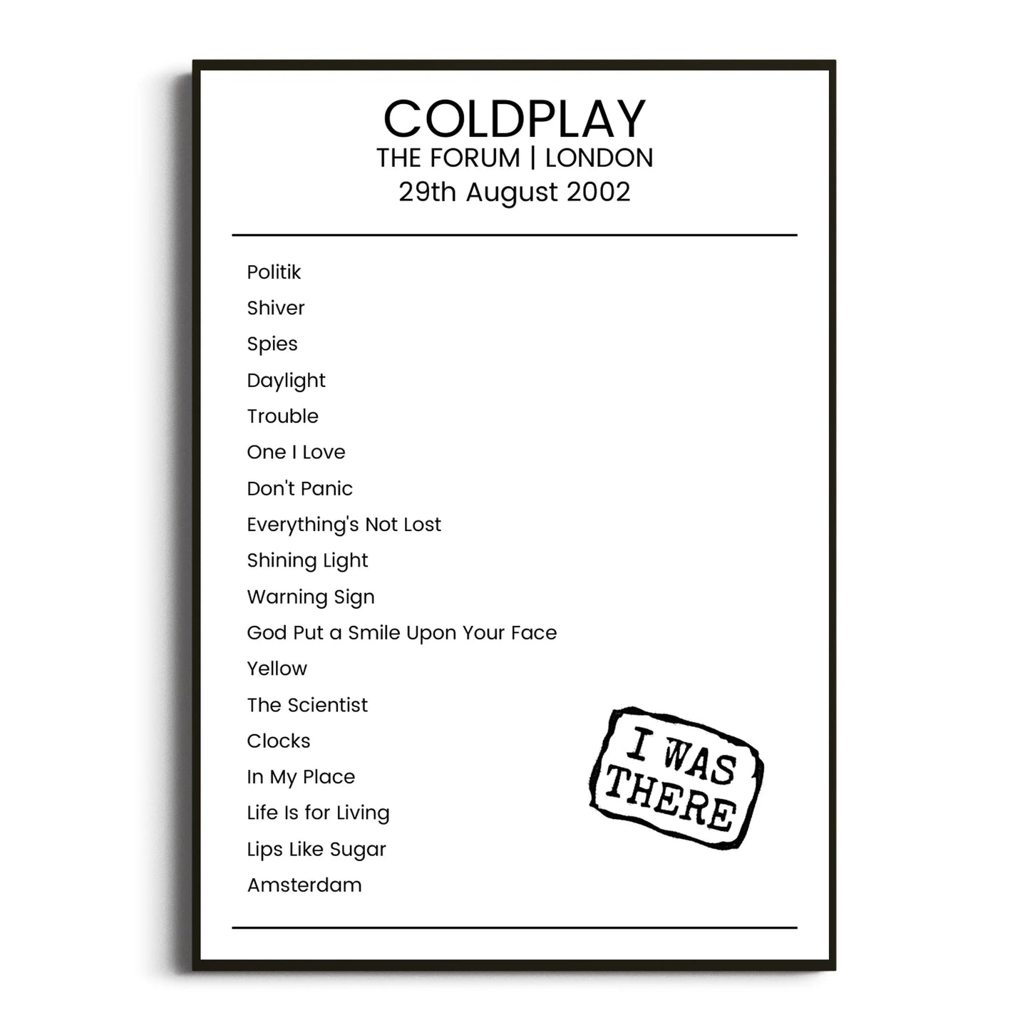 Coldplay London 29 August 2002 Setlist Poster