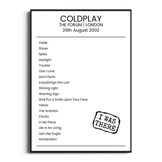 Coldplay London 29 August 2002 Setlist Poster