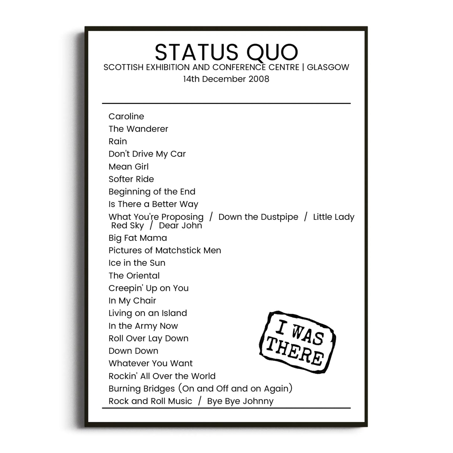 Status Quo Glasgow 14 December 2008 Setlist Poster