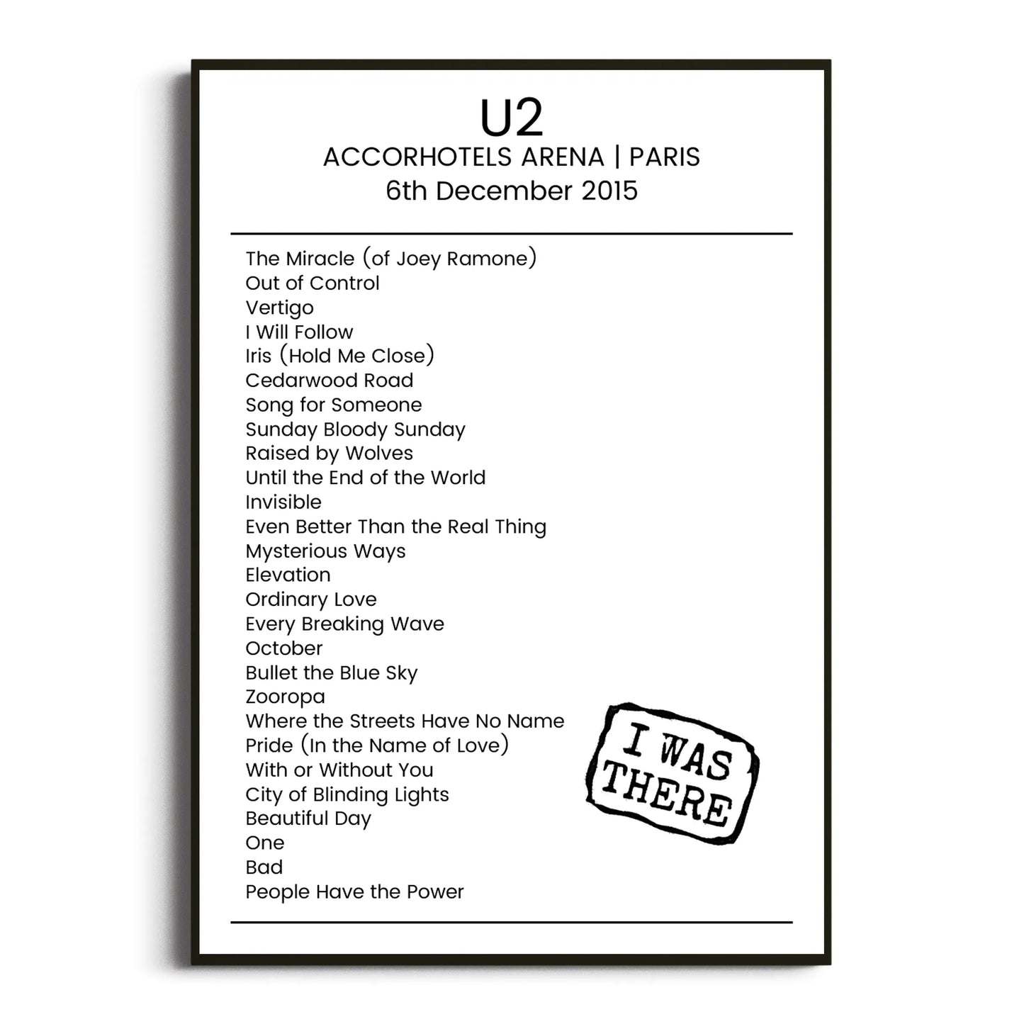 U2 Paris 06 December 2015 Setlist Poster