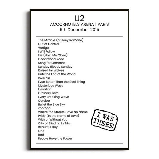 U2 Paris 06 December 2015 Setlist Poster