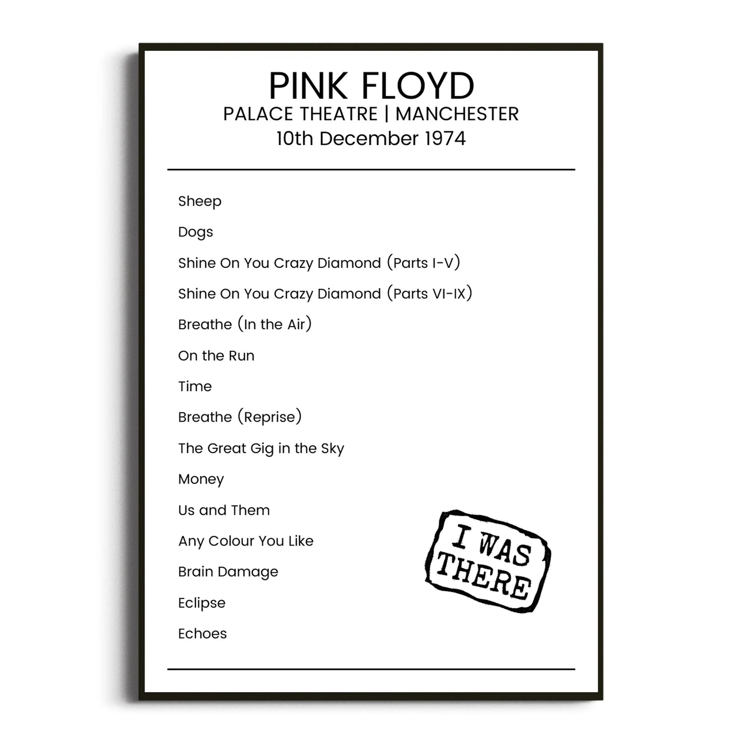 Pink Floyd Manchester 10 December 1974 Setlist Poster