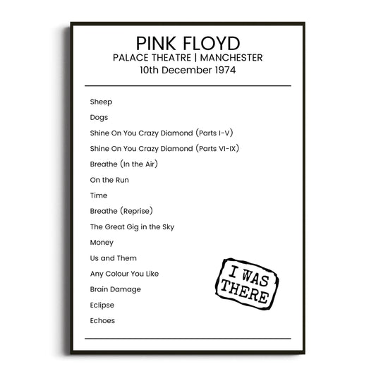 Pink Floyd Manchester 10 December 1974 Setlist Poster