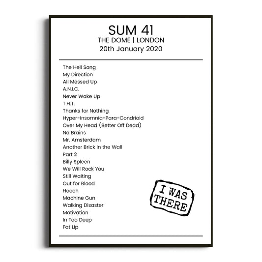 Sum 41 London 20 January 2020 Setlist Poster