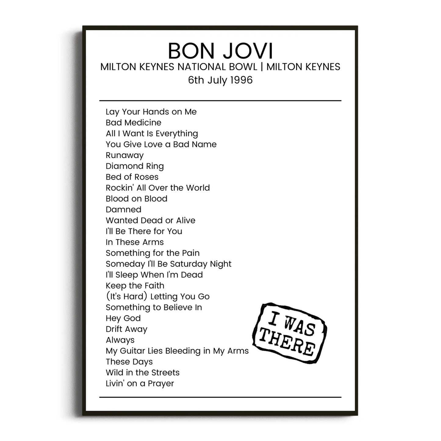 Bon Jovi Milton Keynes 06 July 1996 Setlist Poster