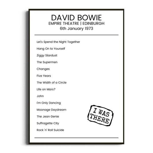 David Bowie Edinburgh 06 January 1973 Setlist Poster