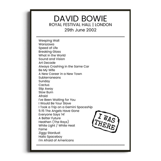 David Bowie London 29 June 2002 Setlist Poster