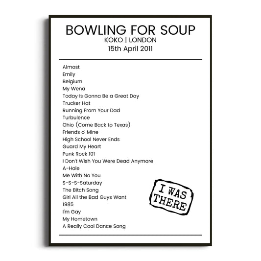 Bowling for Soup London 15 April 2011 Setlist Poster