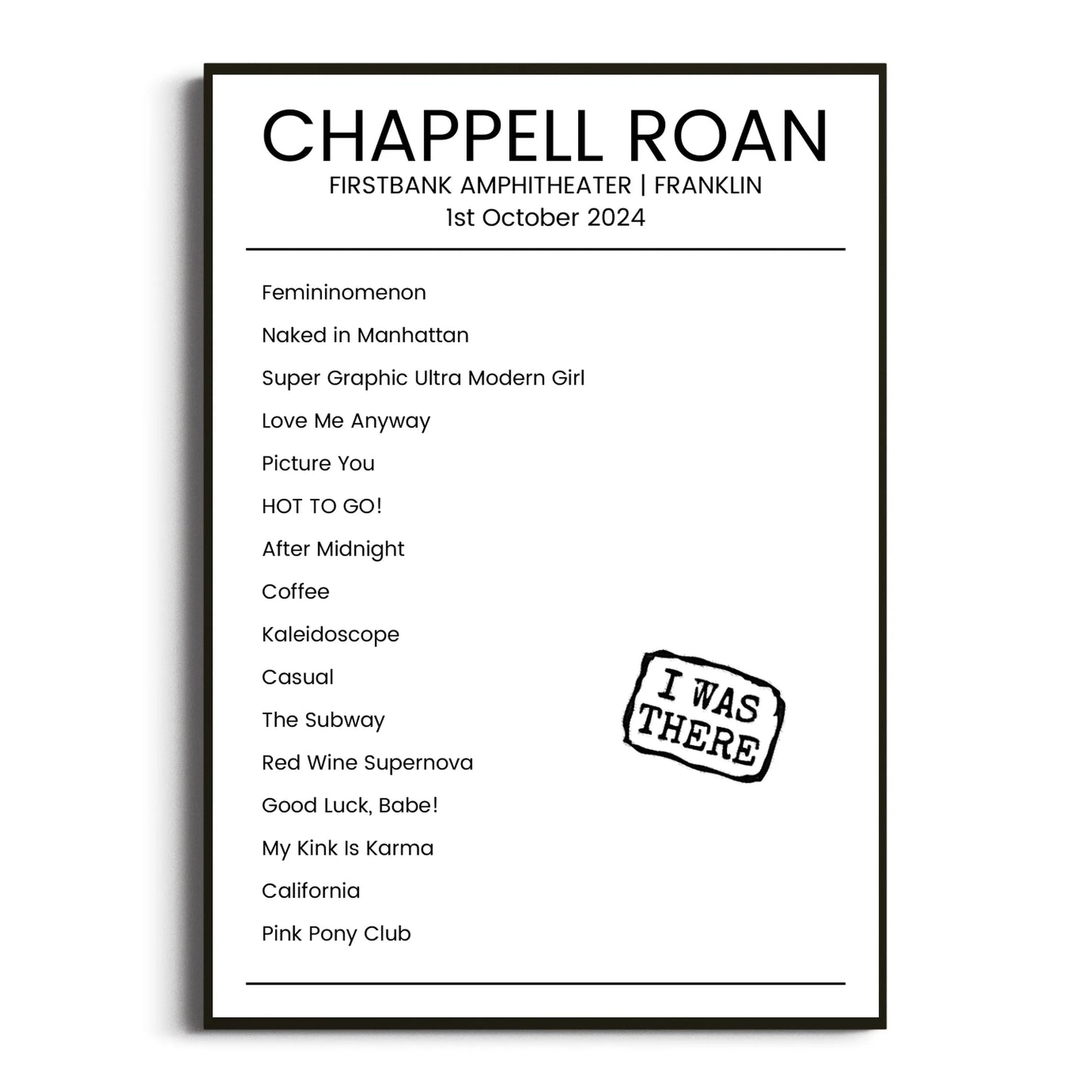 Chappell Roan Franklin 01 October 2024 Setlist Poster