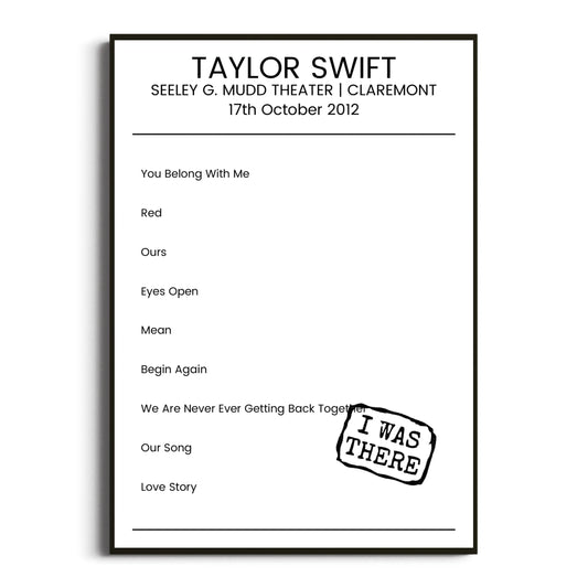 Taylor Swift Claremont 17 October 2012 Setlist Poster