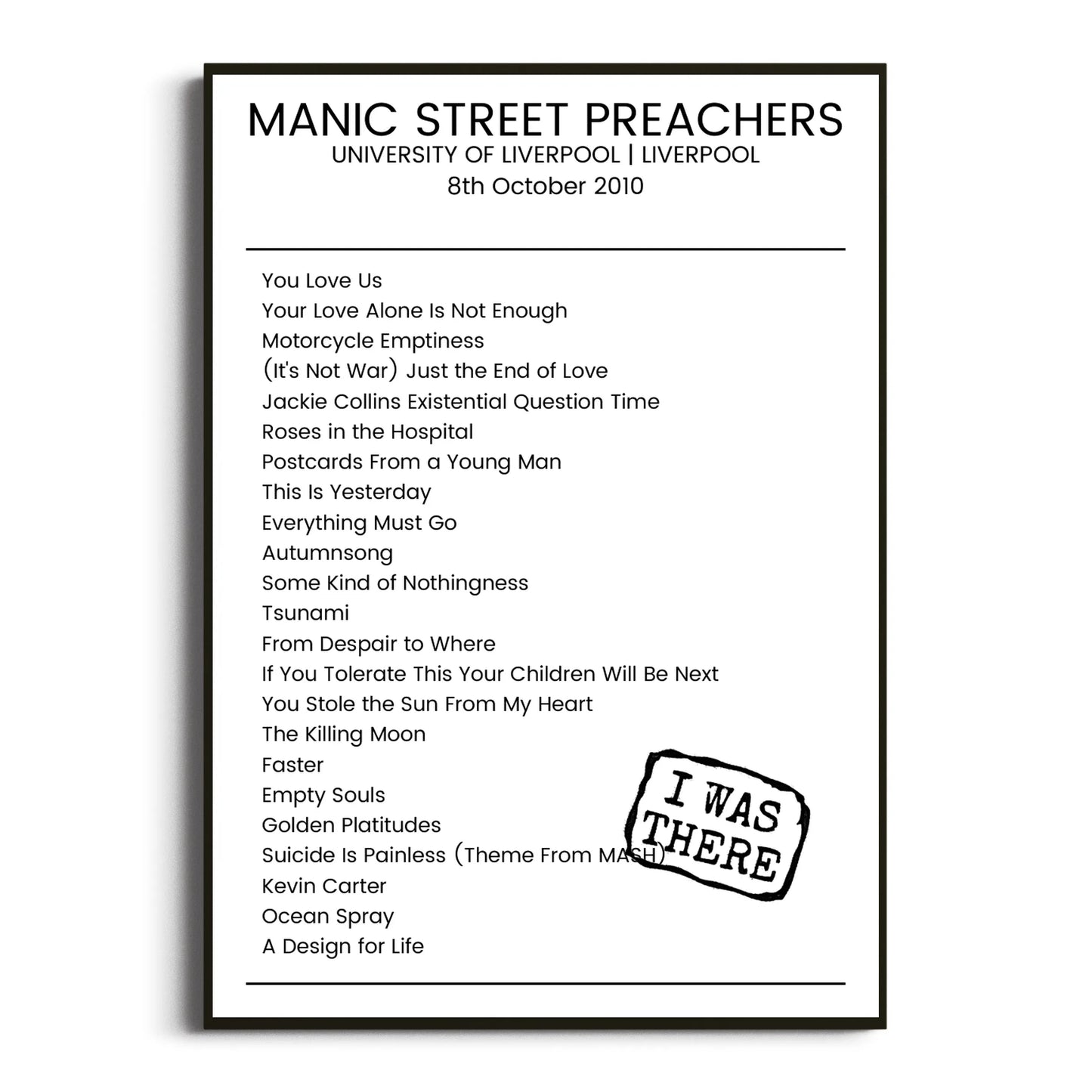 Manic Street Preachers Liverpool 08 October 2010 Setlist Poster