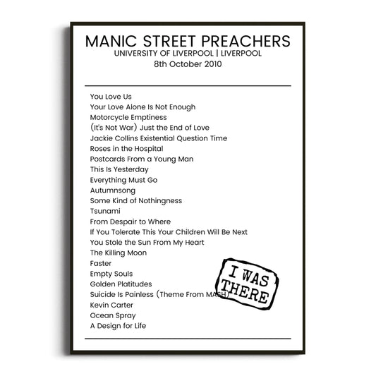 Manic Street Preachers Liverpool 08 October 2010 Setlist Poster