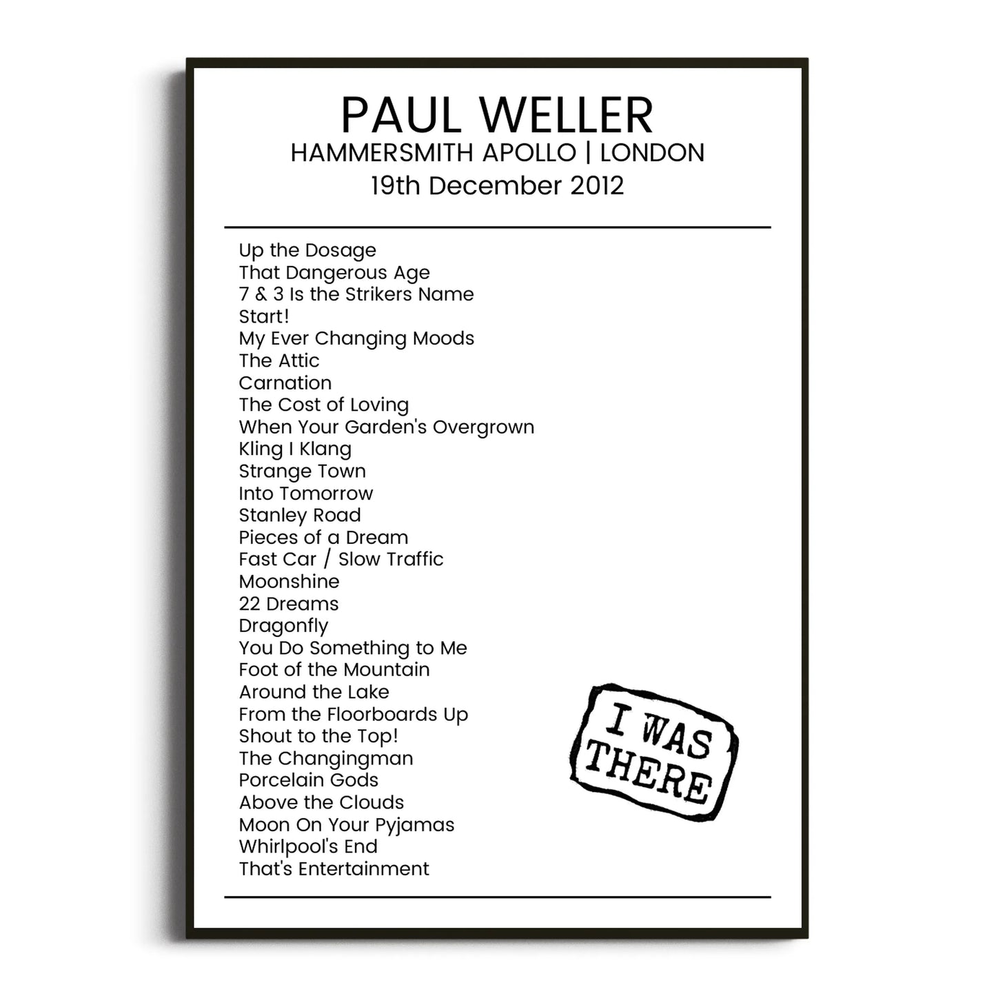 Paul Weller London 19 December 2012 Setlist Poster