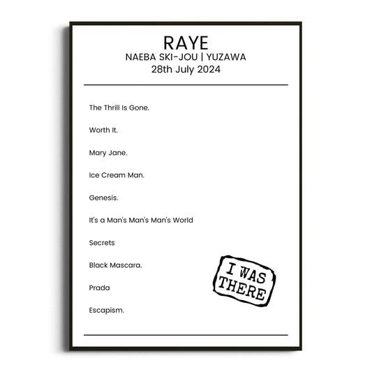 RAYE Yuzawa 28 July 2024 Setlist Poster