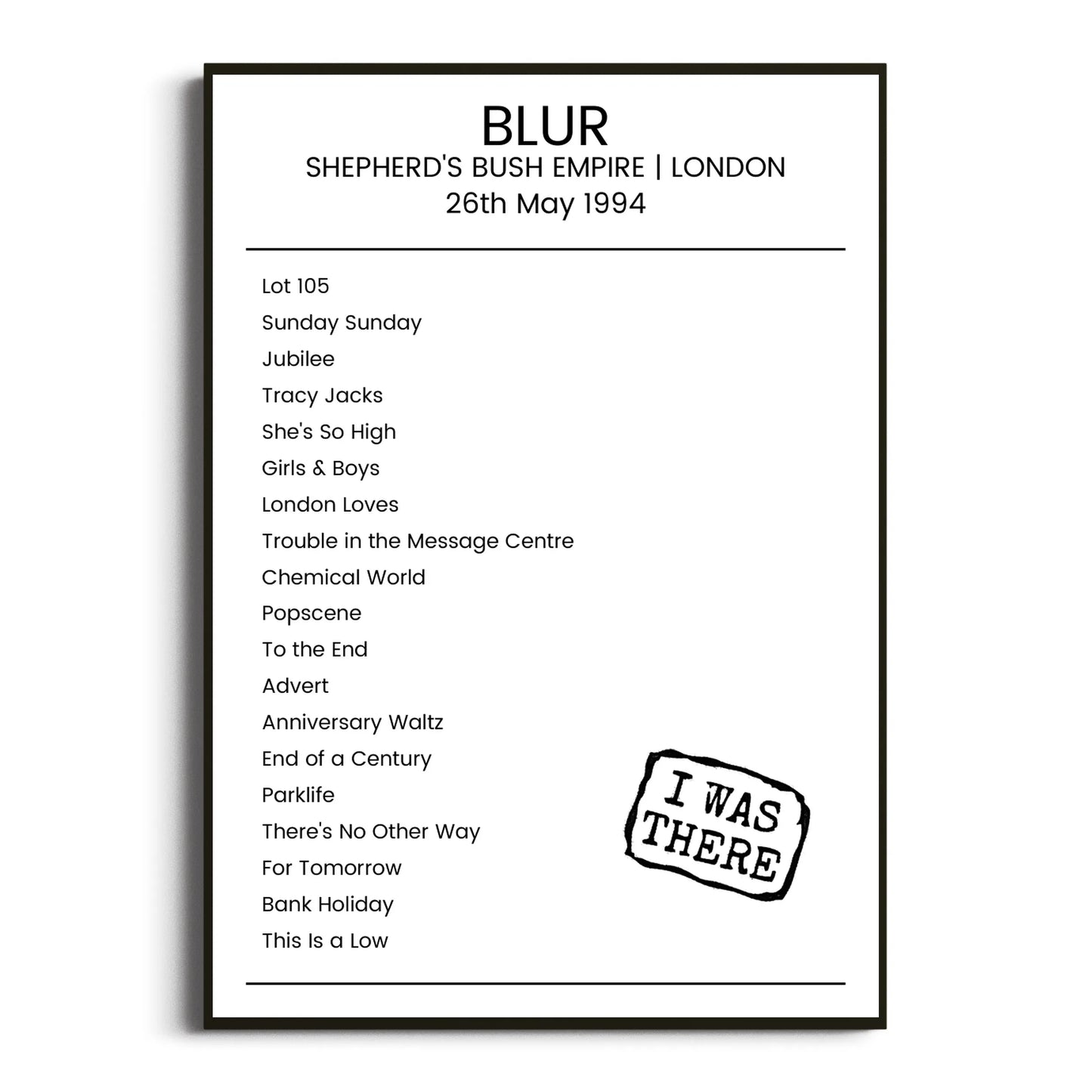 Blur London 26 May 1994 Setlist Poster