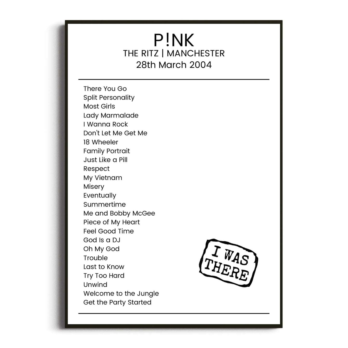 P!nk Manchester 28 March 2004 Setlist Poster