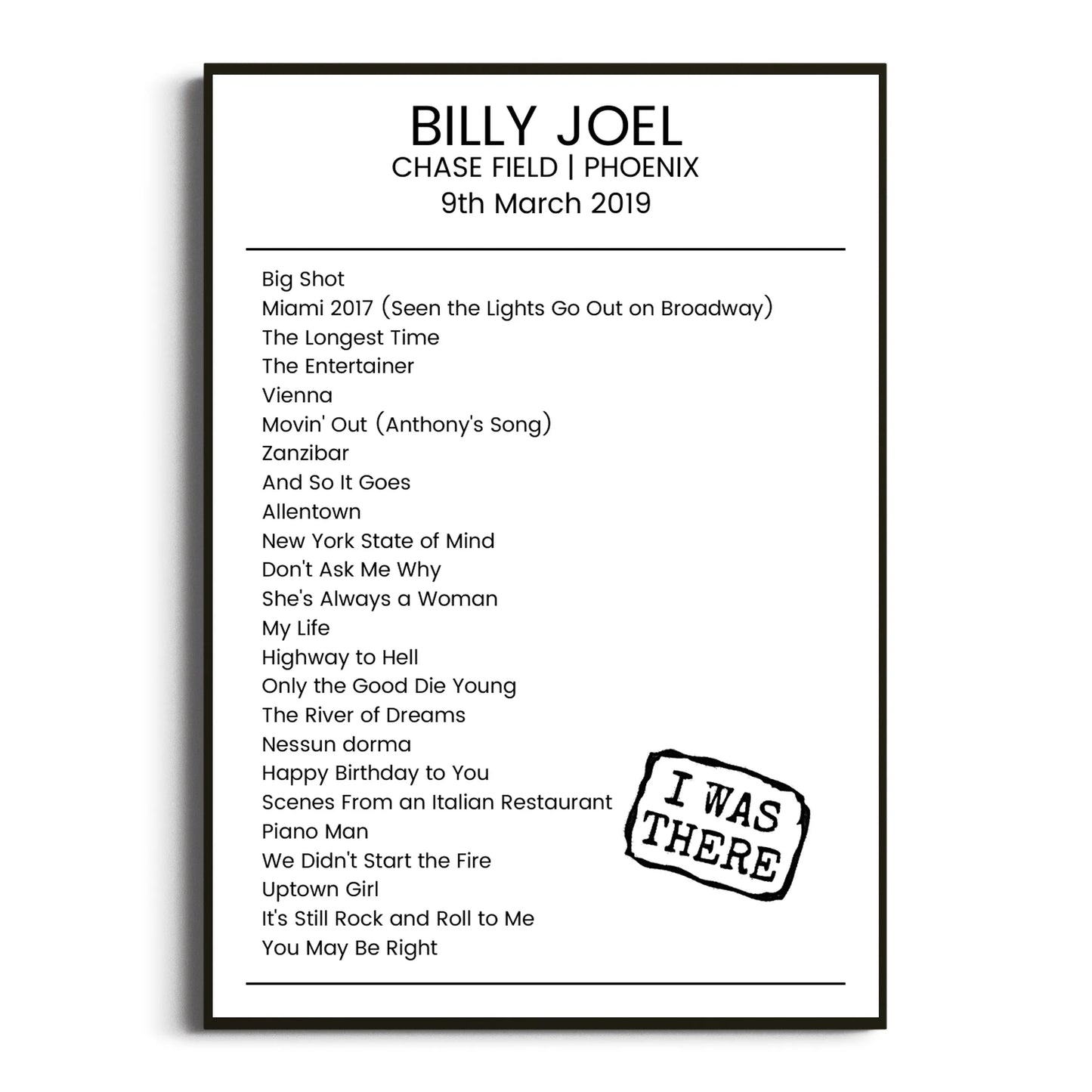 Billy Joel Phoenix 09 March 2019 Setlist Poster