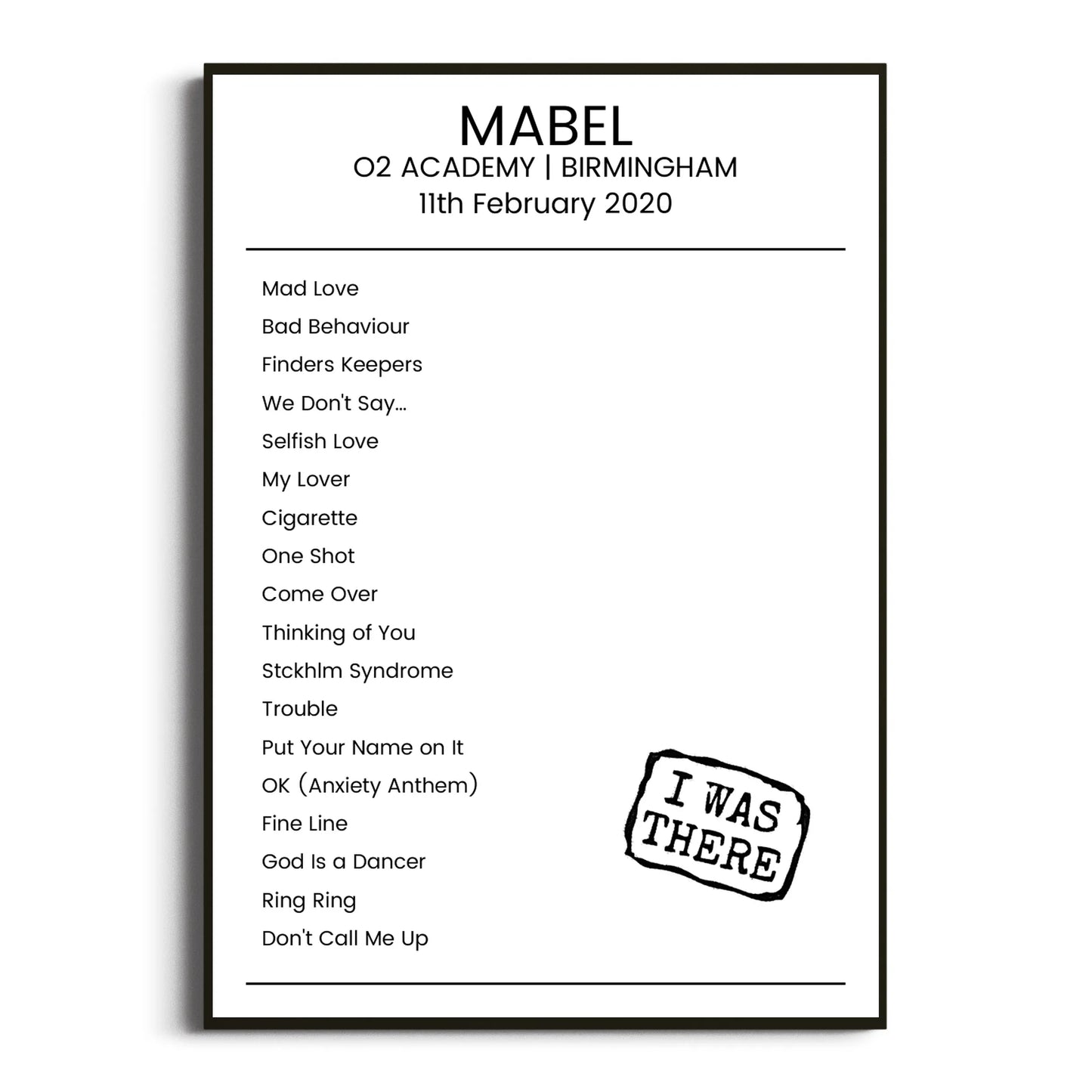 Mabel Birmingham 11 February 2020 Setlist Poster