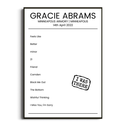 Gracie Abrams Minneapolis 14 April 2022 Setlist Poster