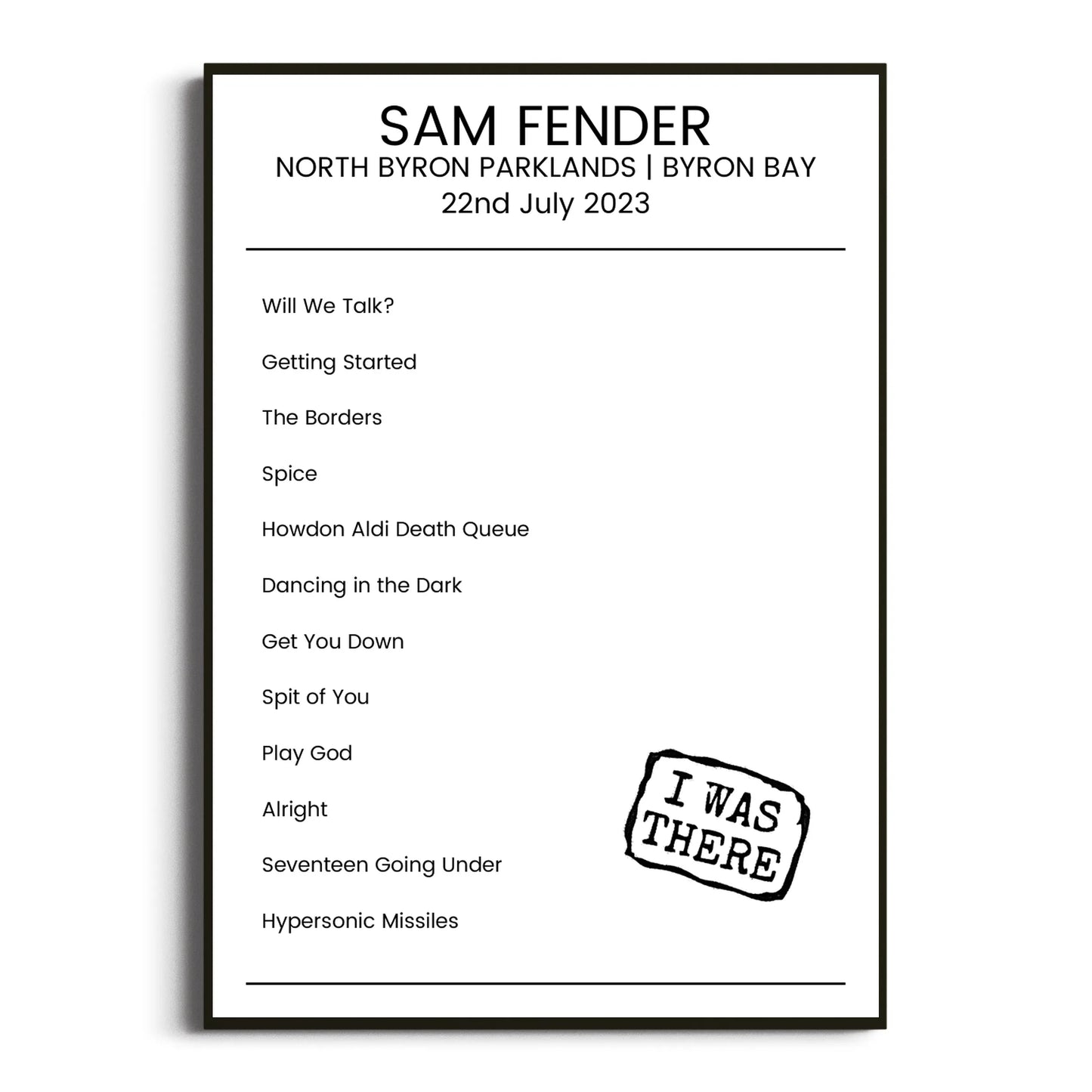 Sam Fender Byron Bay 22 July 2023 Setlist Poster