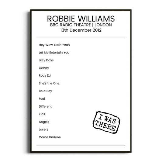 Robbie Williams London 13 December 2012 Setlist Poster